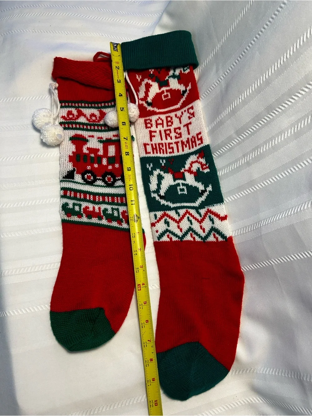 Vintage Set of 2 Christmas Stockings Baby's First Christmas Trains Red Green